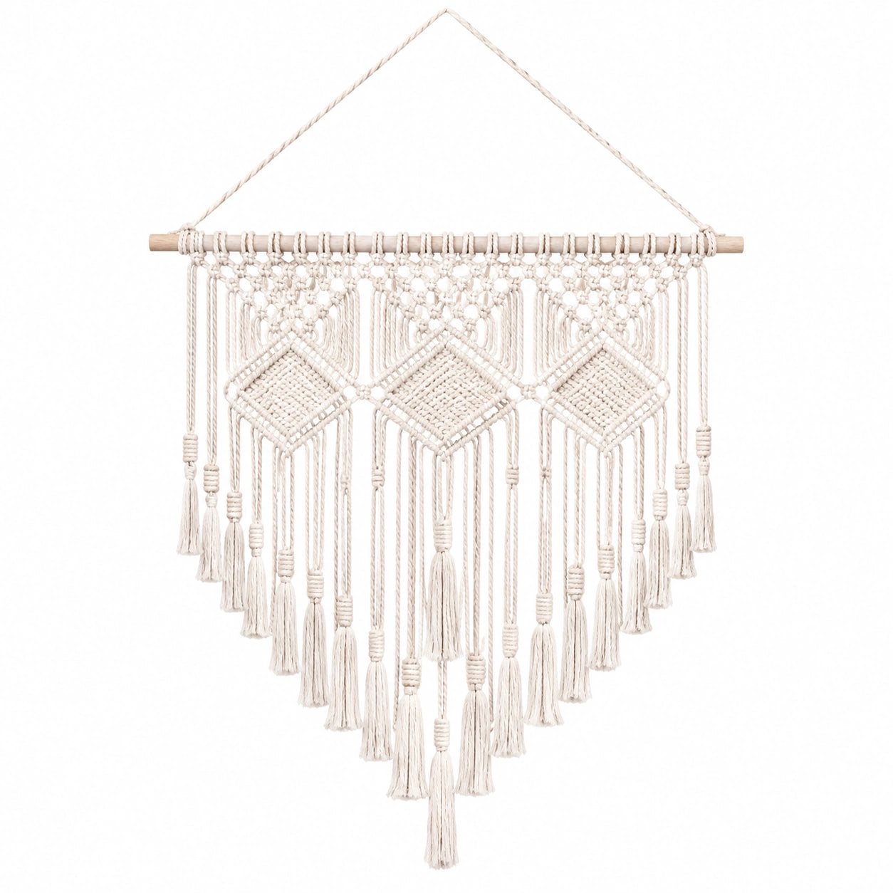 Makramee Wandbehang 50 x 85 cm Creme Textilkordel Holzstab Boho Wanddekoration