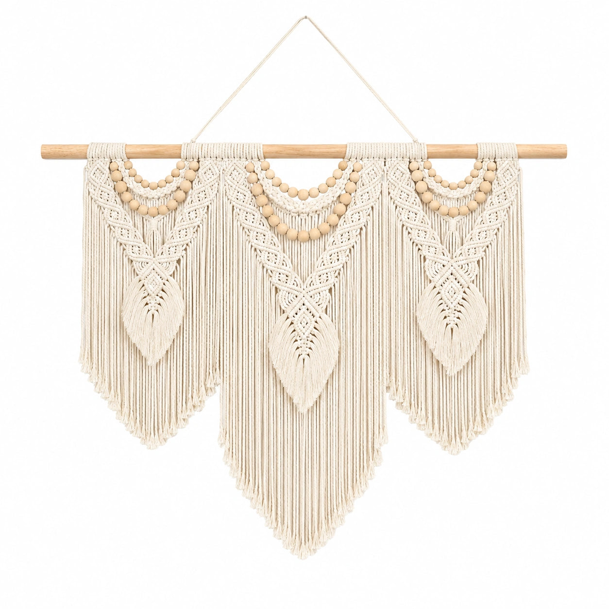 Makramee Wandteppich 100 x 90 cm Baumwolle Beige mit Holzstab Boho Wanddekoration