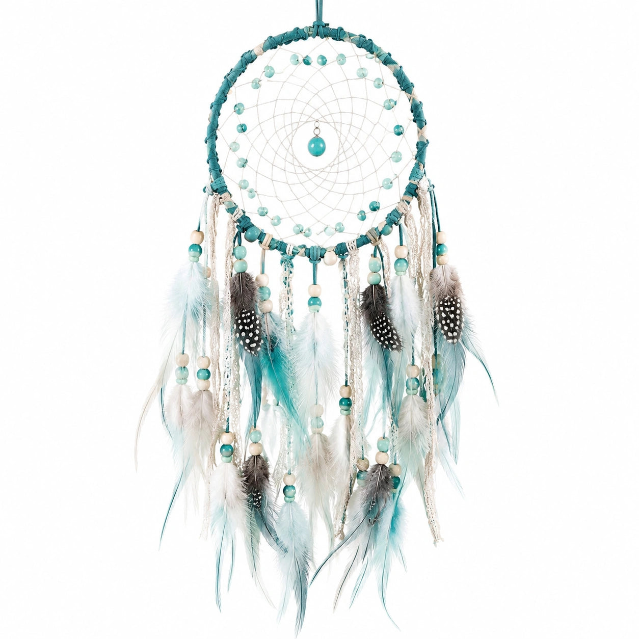 Traumfänger 25 cm Türkis Weiß mit Federn und Perlen Boho Wanddekoration