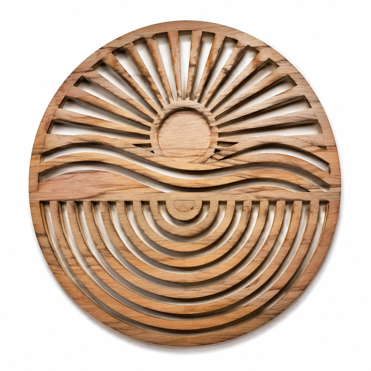 Wanddekoration 50 cm aus Holz in Natur mit Sonnen- und Wellenmotiv