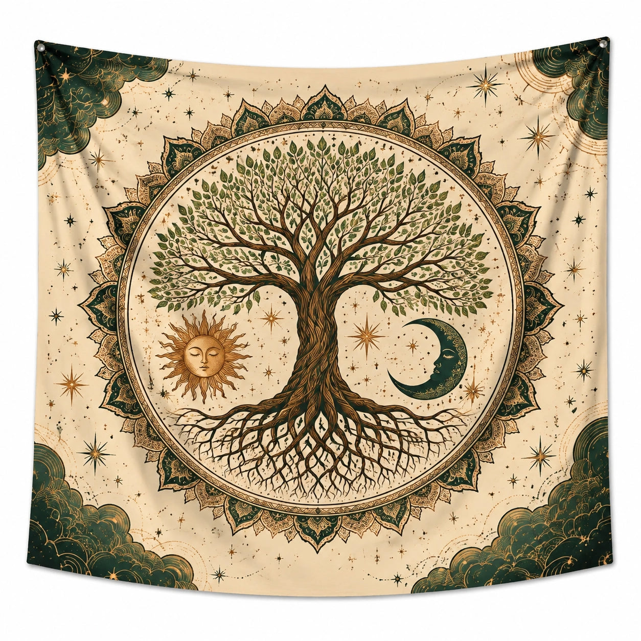 Wandteppich 150 x 150 cm Textil Beige Grün Baum des Lebens Mandala zum Aufhängen