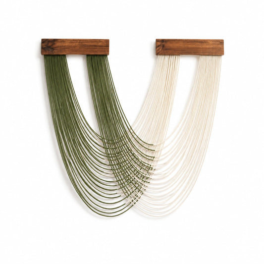 Makramee Wandteppich 2er Set 40 x 90 cm Baumwollkordel Holz Olivgrün Creme Boho Wanddekoration