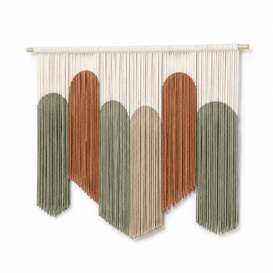 Makramee Wandteppich 100 x 95 cm aus Baumwolle in Creme Grün Terrakotta mit Holzstab