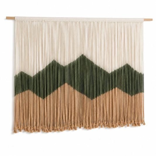 Makramee Wandteppich 100 x 90 cm aus Textilfasern Beige Grün Braun für Wanddekoration im Boho Stil