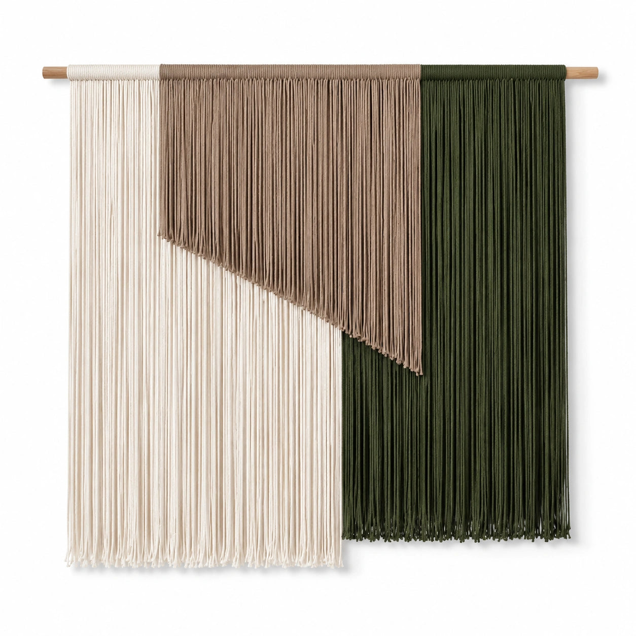 Makramee Wandbehang 110 x 100 cm aus Textilkordel in Creme Beige Grün mit Holzstab