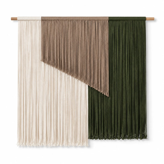 Makramee Wandbehang 110 x 100 cm aus Textilkordel in Creme Beige Grün mit Holzstab