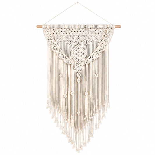 Makramee Wandbehang 50 x 90 cm Baumwolle Natur mit Holzstab Boho Wanddekoration