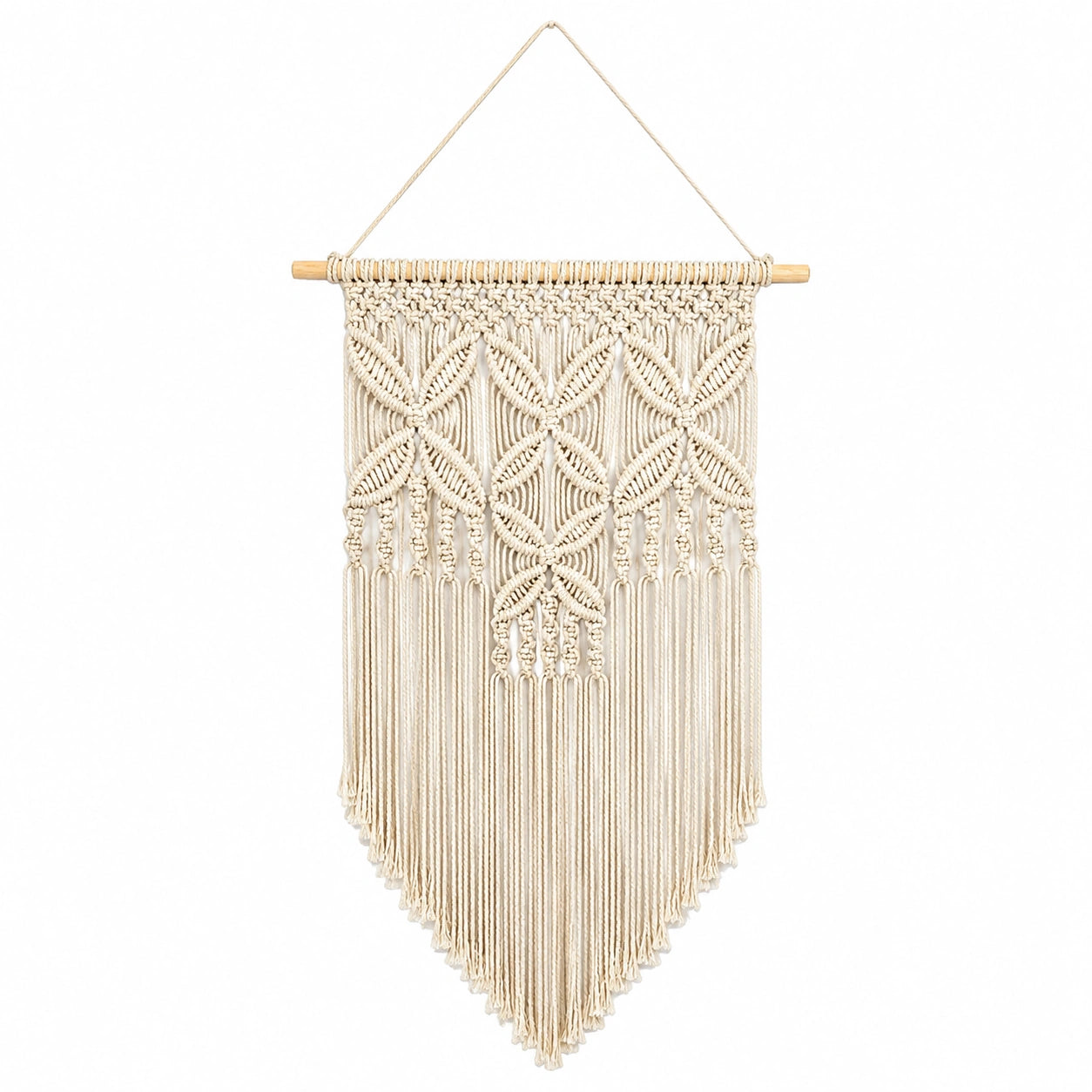 Makramee Wandbehang 40 x 75 cm Baumwolle Beige mit Holzstab Boho Dekoration