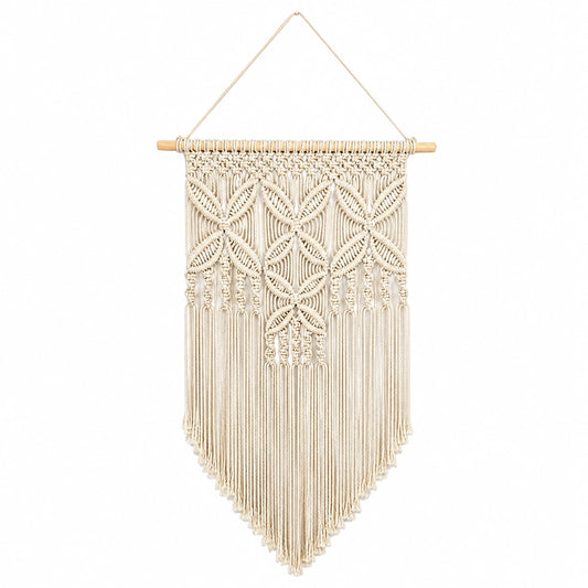 Makramee Wandbehang 40 x 75 cm Baumwolle Beige mit Holzstab Boho Dekoration
