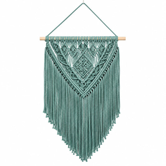 Makramee Wandbehang 50 x 90 cm aus Baumwollkordel in Salbeigrün mit Holzstab im Boho-Stil