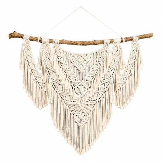 Makramee Wandbehang 100 x 90 cm Baumwollkordel Creme Boho Fransen