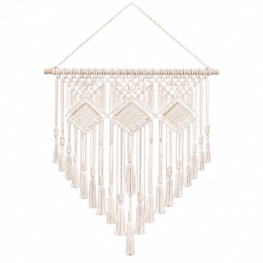 Makramee Wandbehang 50 x 85 cm Creme Textilkordel Holzstab Boho Wanddekoration