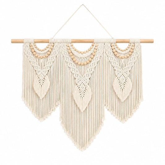 Makramee Wandteppich 100 x 90 cm Baumwolle Beige mit Holzstab Boho Wanddekoration