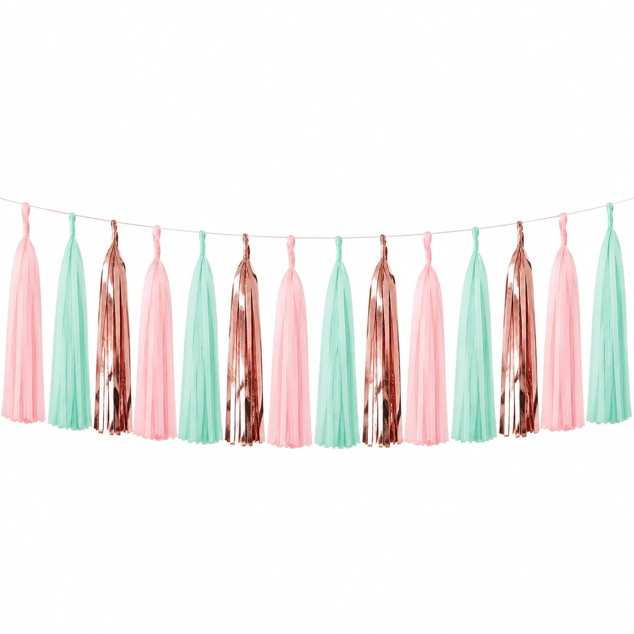 Quastengirlande 300 cm aus Papierfolie Rosa Mint Roségold für Partydekoration