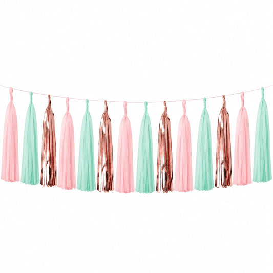 Quastengirlande 300 cm aus Papierfolie Rosa Mint Roségold für Partydekoration