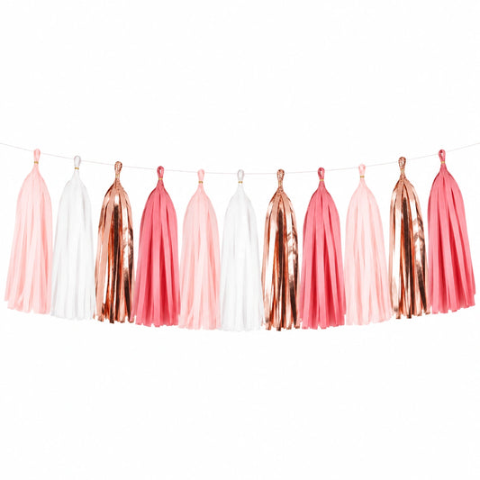 Quastengirlande 250 cm Papier Rosa Weiß Roségold Partydekoration