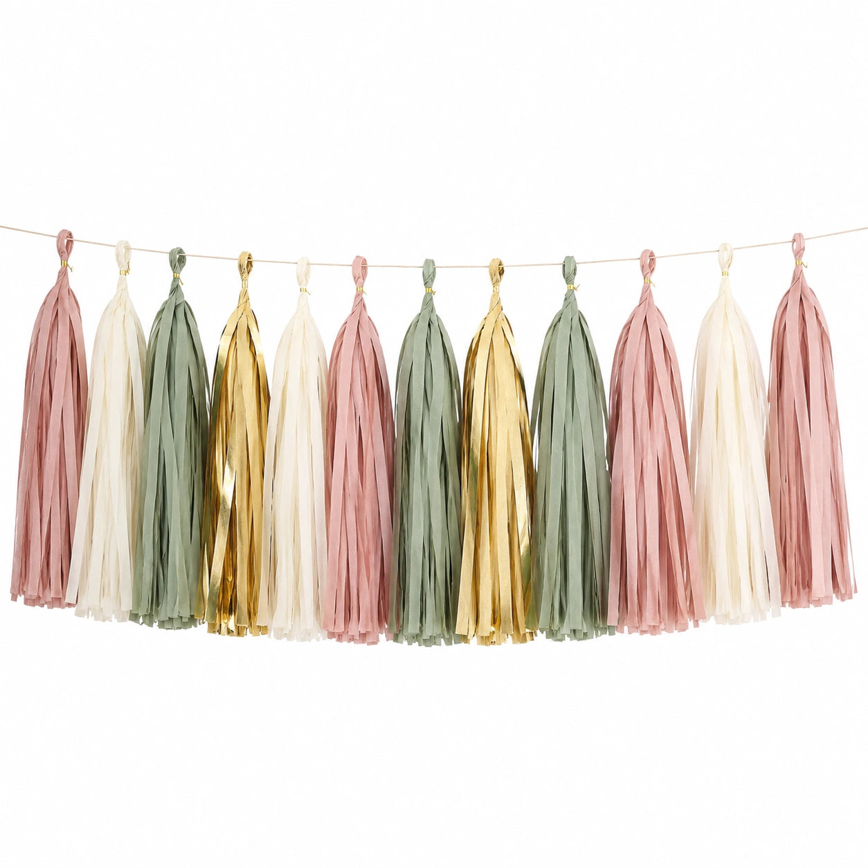 Quastengirlande 300 cm Papier Rosa Creme Salbeigrün Gold Dekoration