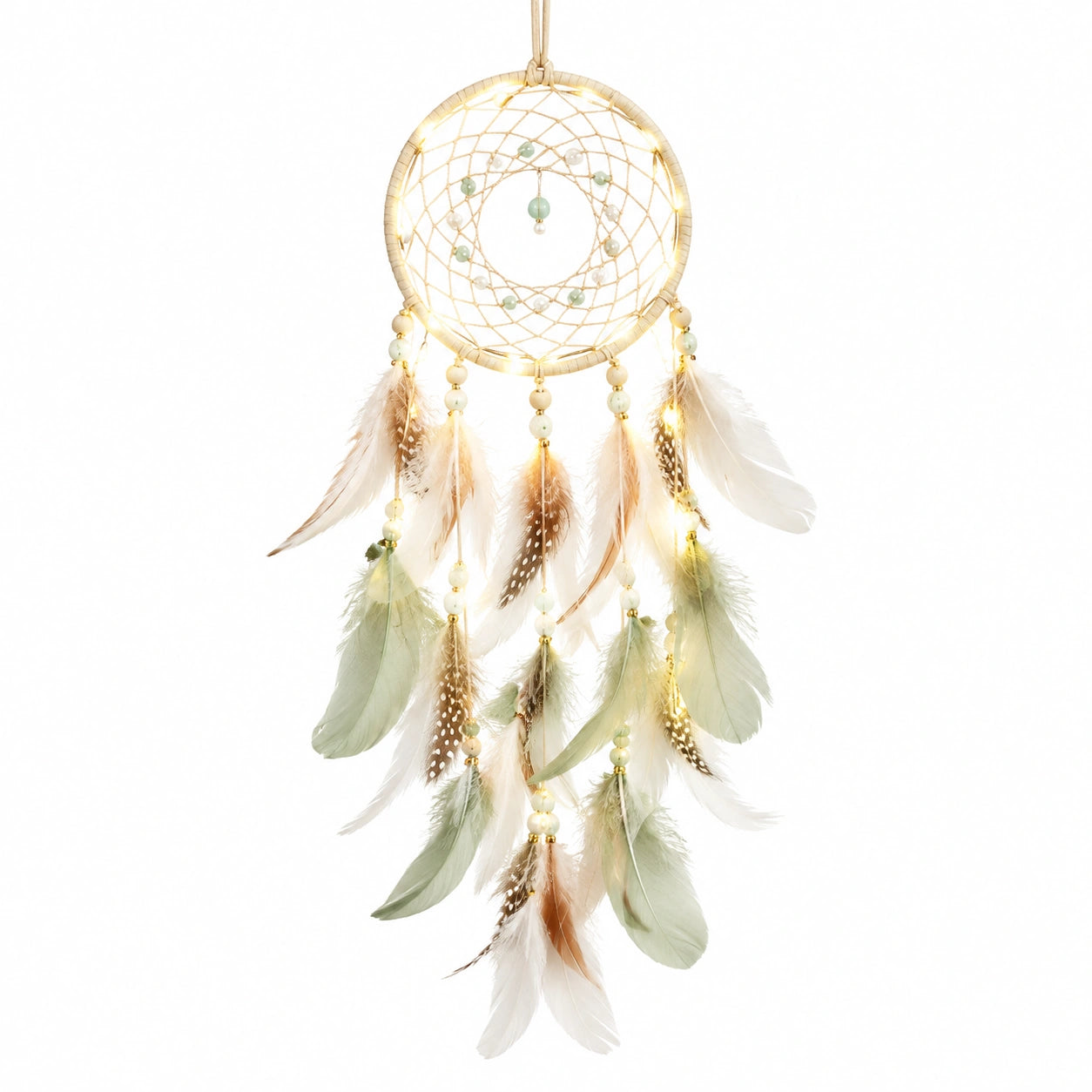 Traumfänger 30 x 80 cm mit Federn LED-Licht Beige Grün Boho Wanddekoration