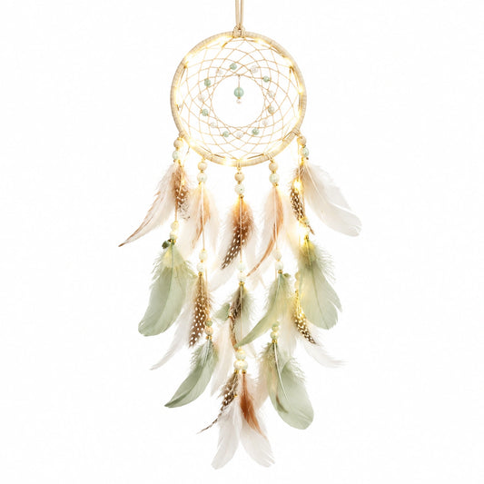 Traumfänger 30 x 80 cm mit Federn LED-Licht Beige Grün Boho Wanddekoration