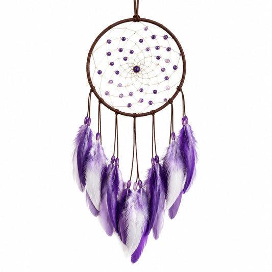 Traumfänger 16 x 55 cm Braun Lila mit Federn und Perlen als Wanddekoration