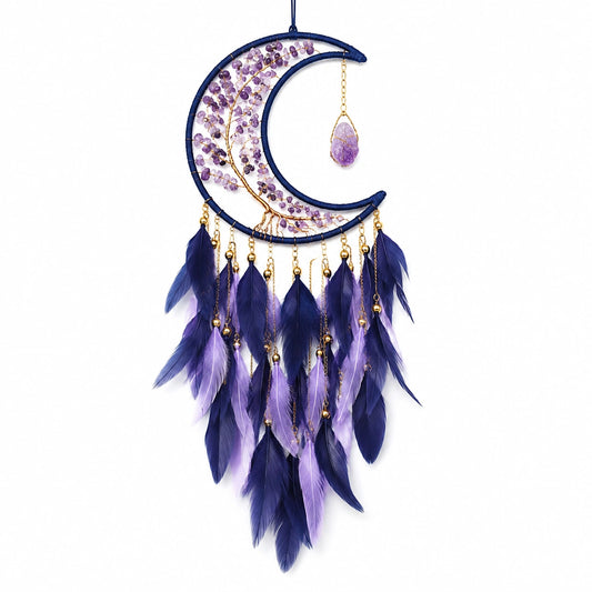 Traumfänger Mond 30 x 85 cm mit Federn Perlen Violett Dunkelblau Wanddekoration Boho