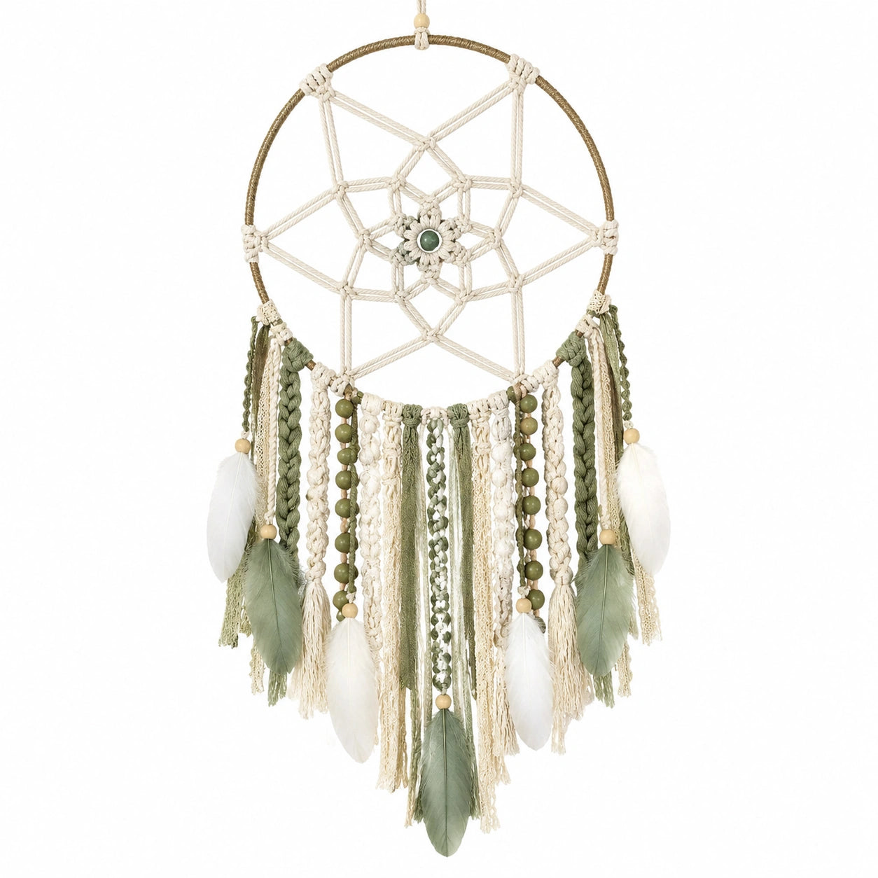 Traumfänger 30 x 75 cm aus Baumwollkordel Grün Creme Boho Wanddekoration