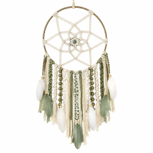 Traumfänger 30 x 75 cm aus Baumwollkordel Grün Creme Boho Wanddekoration