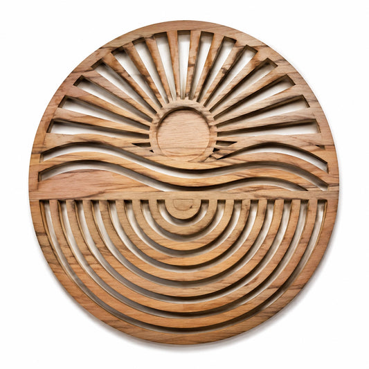 Wanddekoration 50 cm aus Holz in Natur mit Sonnen- und Wellenmotiv