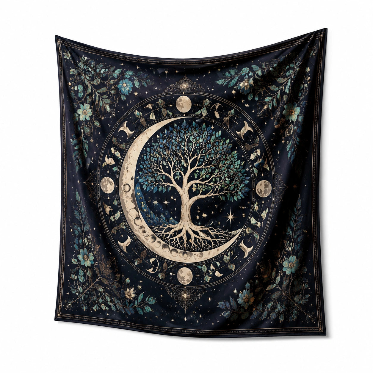 Wandteppich 150 x 130 cm Polyester Dunkelblau Mondbaum Sternenmuster mystische Wanddekoration