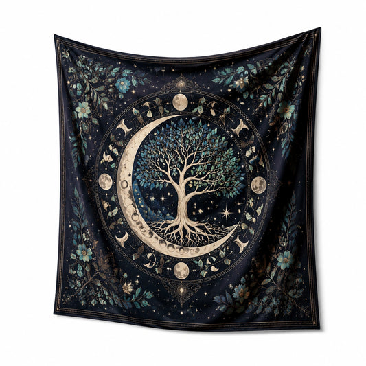 Wandteppich 150 x 130 cm Polyester Dunkelblau Mondbaum Sternenmuster mystische Wanddekoration