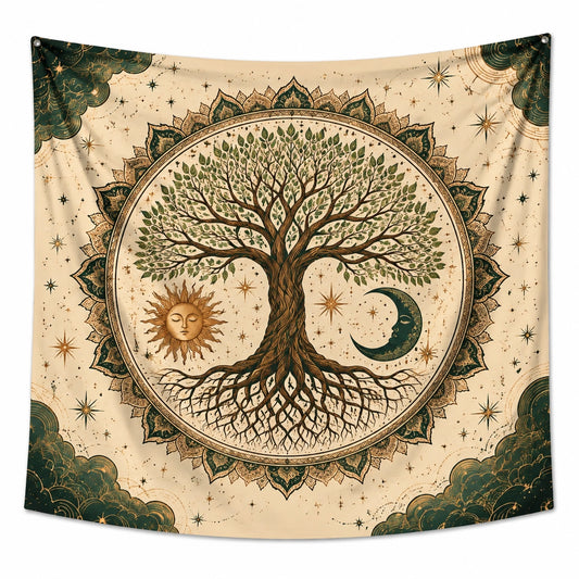 Wandteppich 150 x 150 cm Textil Beige Grün Baum des Lebens Mandala zum Aufhängen