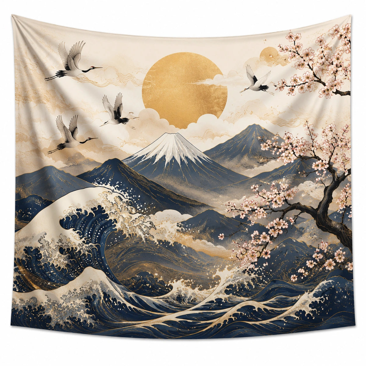 Wandteppich 150 x 130 cm Polyester Cremeblau mit Berg Wellen Kranichmotiv im grafischen Stil