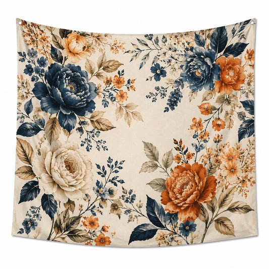 Wandteppich 150 x 150 cm Polyester Creme Blau Orange Blumenmuster mit Ösen