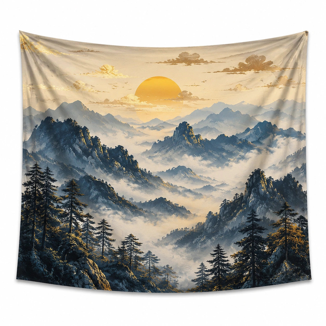 Wandteppich 150 x 130 cm Polyester Beige Blau Berglandschaft Sonnenuntergang