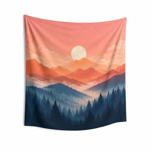 Wandteppich 150 x 130 cm Textilgewebe Rosa Blau Berglandschaft Wanddekoration