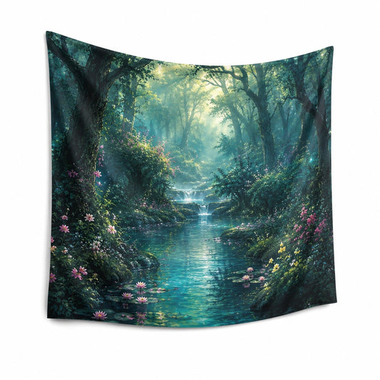Wandteppich 150 x 130 cm aus Polyester in Grün Blau mit Waldfluss Motiv für Wohnräume